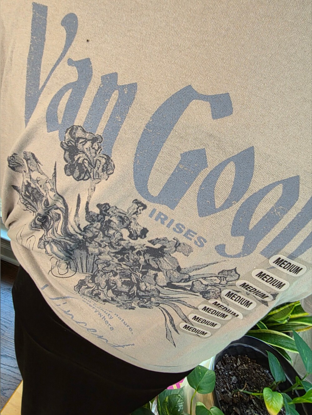 Vincent Van Gogn Script Graphic Tee in Light Gray - Vincent Irises Design